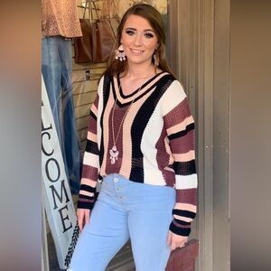 Express Knit Multicolor Pink V Neck Cropped Pullover Sweater-Small